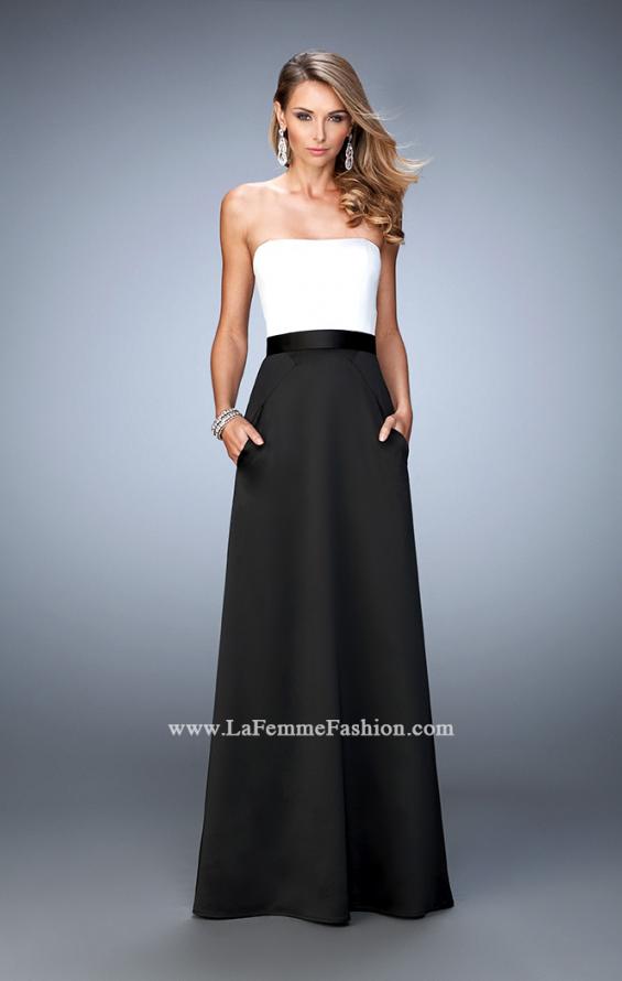 Picture of: Long Satin Prom Gown with Pockets and Belted Waist in Black and White, Style: 21555, Main Picture