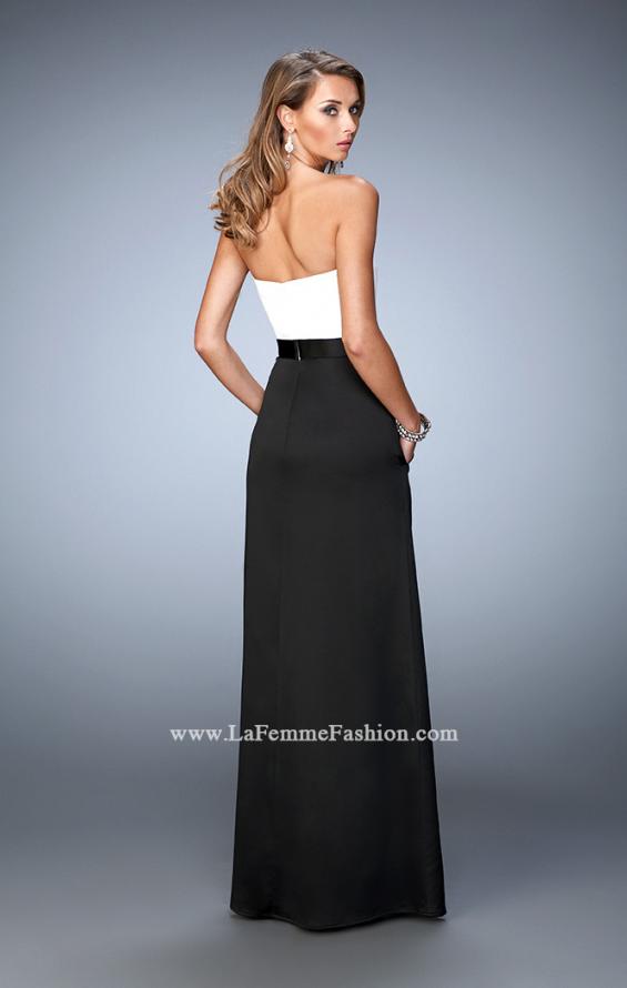 Picture of: Long Satin Prom Gown with Pockets and Belted Waist in Black and White, Style: 21555, Back Picture