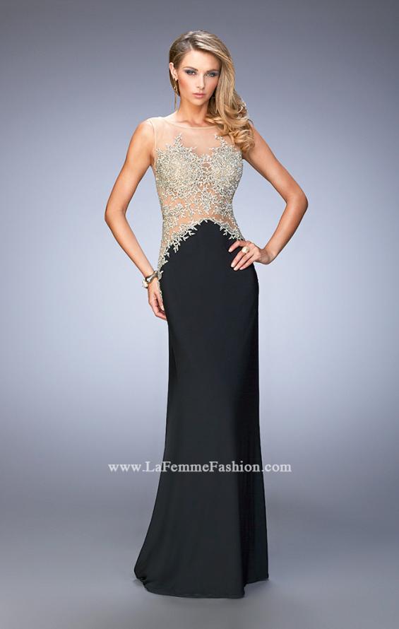 Picture of: Jersey Dress with Illusion Bodice, Train, and Rhinestones in Black, Style: 21558, Back Picture