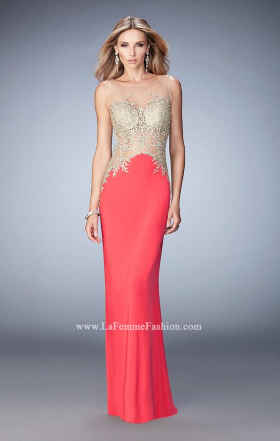 Picture of: Jersey Dress with Illusion Bodice, Train, and Rhinestones in Coral, Style: 21558, Detail Picture 1
