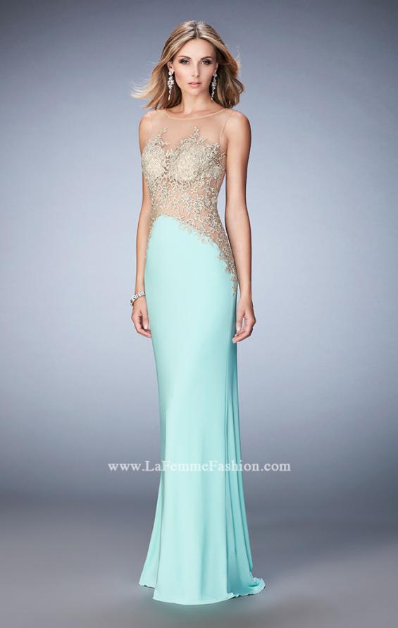Picture of: Jersey Dress with Illusion Bodice, Train, and Rhinestones in Mint, Style: 21558, Detail Picture 3