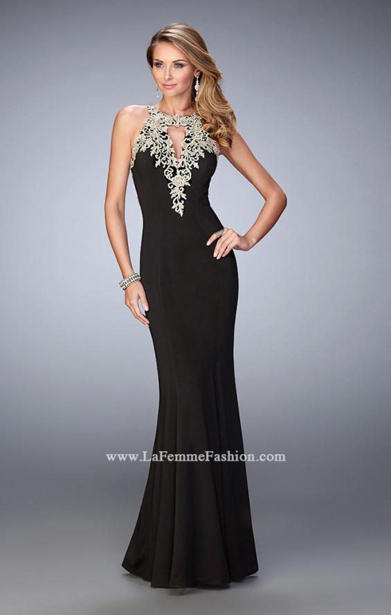 Picture of: Jersey Mermaid Gown with Metallic Lace Appliques in Black, Style: 21607, Detail Picture 1