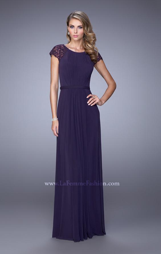 Picture of: Cap Sleeve Embroidered Dress with Cascading Ruffles in Purple, Style: 21621, Main Picture