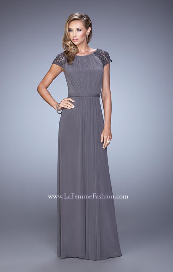 Picture of: Cap Sleeve Embroidered Dress with Cascading Ruffles in Gray, Style: 21621, Detail Picture 1