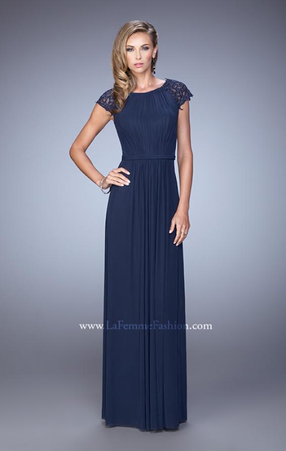 Picture of: Cap Sleeve Embroidered Dress with Cascading Ruffles in Navy, Style: 21621, Detail Picture 2