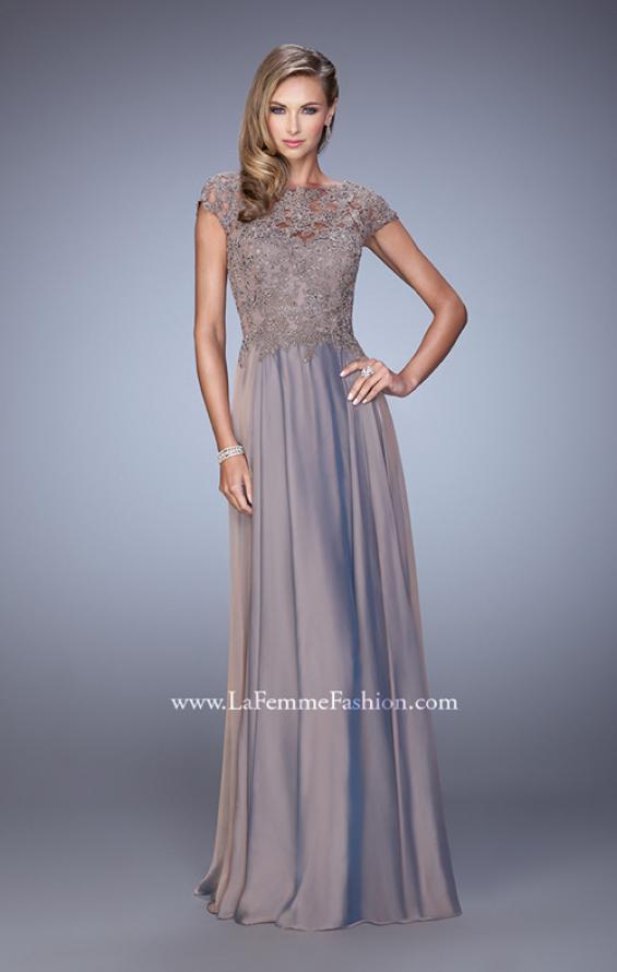 Picture of: Chiffon Dress with Lace Bodice and Cap Sleeves in Cocoa, Style: 21627, Main Picture