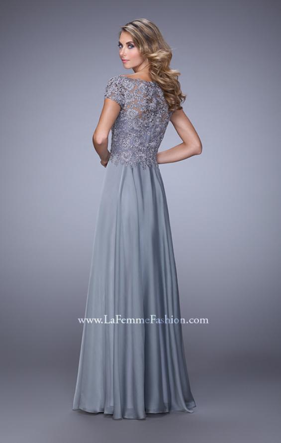 Picture of: Chiffon Dress with Lace Bodice and Cap Sleeves in Silver, Style: 21627, Back Picture