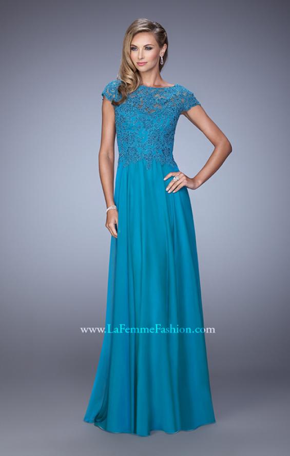 Picture of: Chiffon Dress with Lace Bodice and Cap Sleeves in Teal, Style: 21627, Detail Picture 2