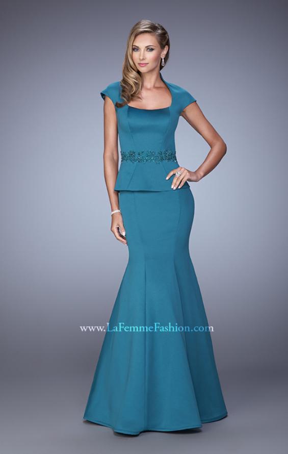 Picture of: Cap Sleeve Evening Dress with Mermaid Skirt and Collar in Blue, Style: 21666, Detail Picture 1