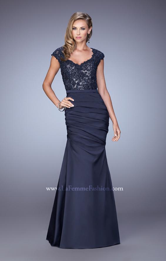 Picture of: Satin Dress with Beaded Lace Bodice and Gathering in Blue, Style: 21669, Detail Picture 2