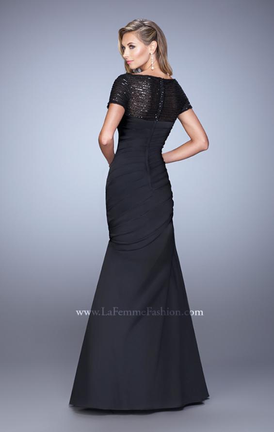 Picture of: Sheer Short Sleeve Satin Dress with Scoop Neckline in Black, Style: 21670, Back Picture