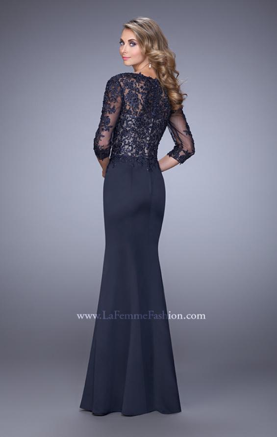 Picture of: Satin Mermaid Dress with Beading and 3/4 Sleeves in Blue, Style: 21673, Back Picture