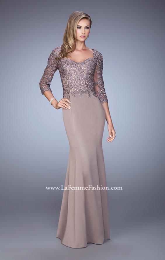 Picture of: Satin Mermaid Dress with Beading and 3/4 Sleeves in Brown, Style: 21673, Detail Picture 1