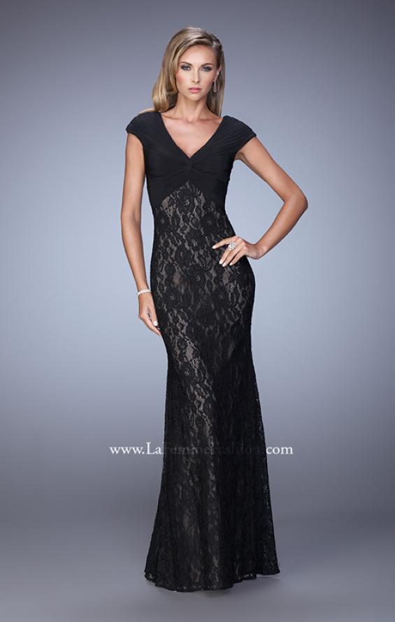 Picture of: Unique Lace Dress with Cap Sleeves and Ruching in Black, Style: 21681, Detail Picture 1