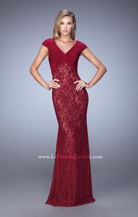 Picture of: Unique Lace Dress with Cap Sleeves and Ruching in Red, Style: 21681, Detail Picture 2