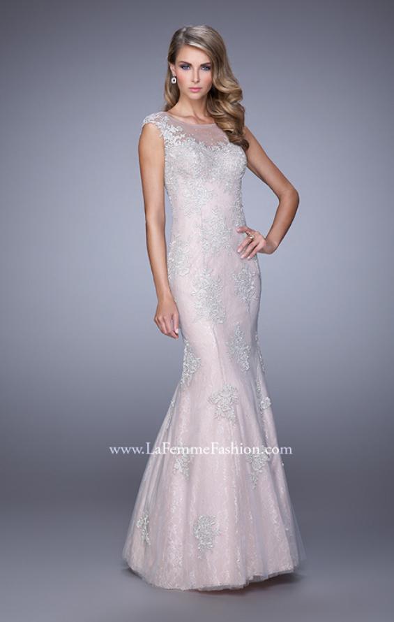 Picture of: Dress with Mermaid Skirt and Sheer Beaded Lace Sleeves in Pink, Style: 21699, Main Picture