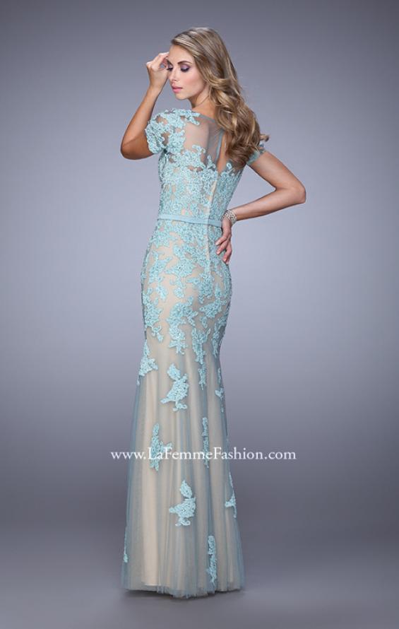 Picture of: Short Sleeve Dress with Lace Appliques and Keyhole Back in Blue, Style: 21703, Back Picture