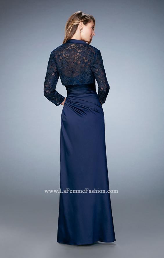Picture of: Satin Evening Gown with Cropped Lace Jacket in Blue, Style: 21776, Back Picture