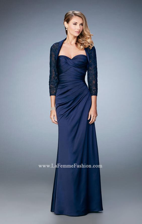 Picture of: Satin Evening Gown with Cropped Lace Jacket in Blue, Style: 21776, Detail Picture 2