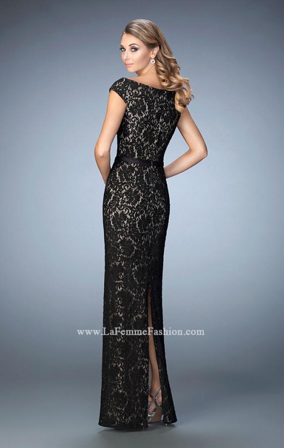 Picture of: Lace Evening Dress with Belt and Off the Shoulder Sleeves in Black, Style: 21812, Back Picture