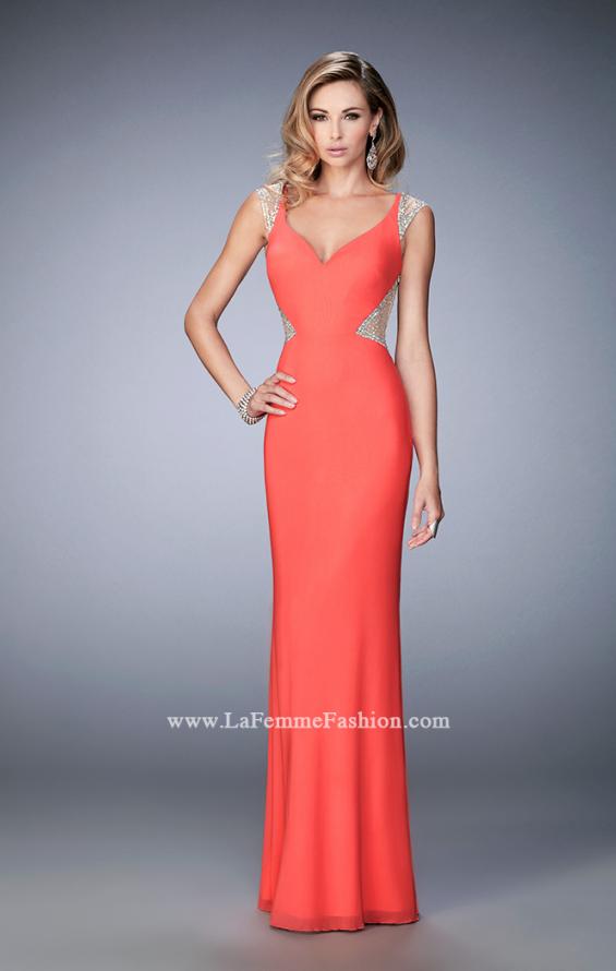 Picture of: Net Jersey Dress with Plunging Sheer Back and Rhinestones in Orange, Style: 21864, Detail Picture 1