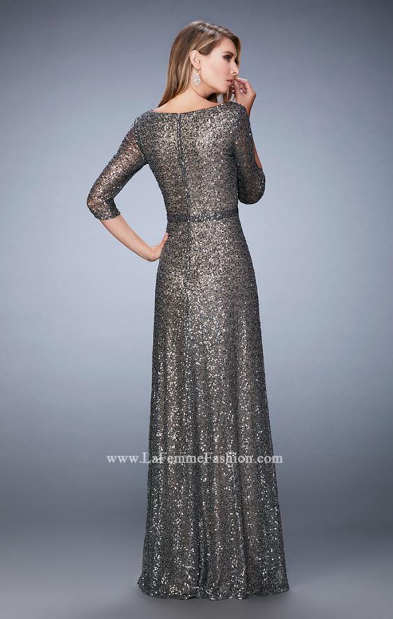 Picture of: Sequin Evening Gown with 3/4 Length Sleeves in Silver, Style: 21900, Back Picture