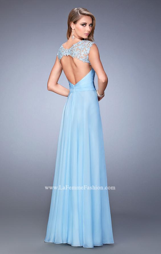 Picture of: V Neckline Chiffon Dress with Gathered Bodice and Skirt in Blue, Style: 21925, Back Picture
