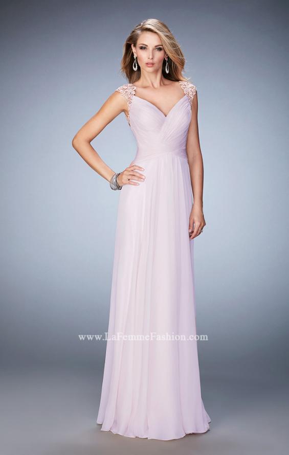 Picture of: V Neckline Chiffon Dress with Gathered Bodice and Skirt in Pink, Style: 21925, Detail Picture 1