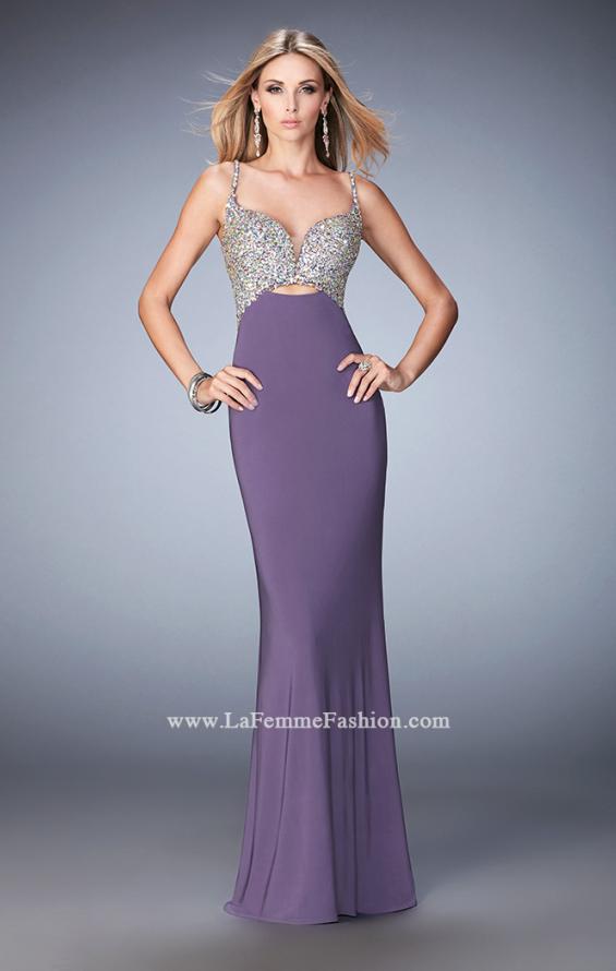 Picture of: Crystal Gem Encrusted Long Jersey Prom Gown in Purple, Style: 21968, Detail Picture 1