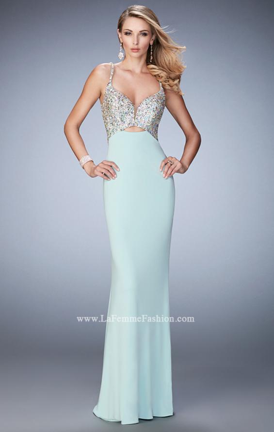 Picture of: Crystal Gem Encrusted Long Jersey Prom Gown in Blue, Style: 21968, Detail Picture 3