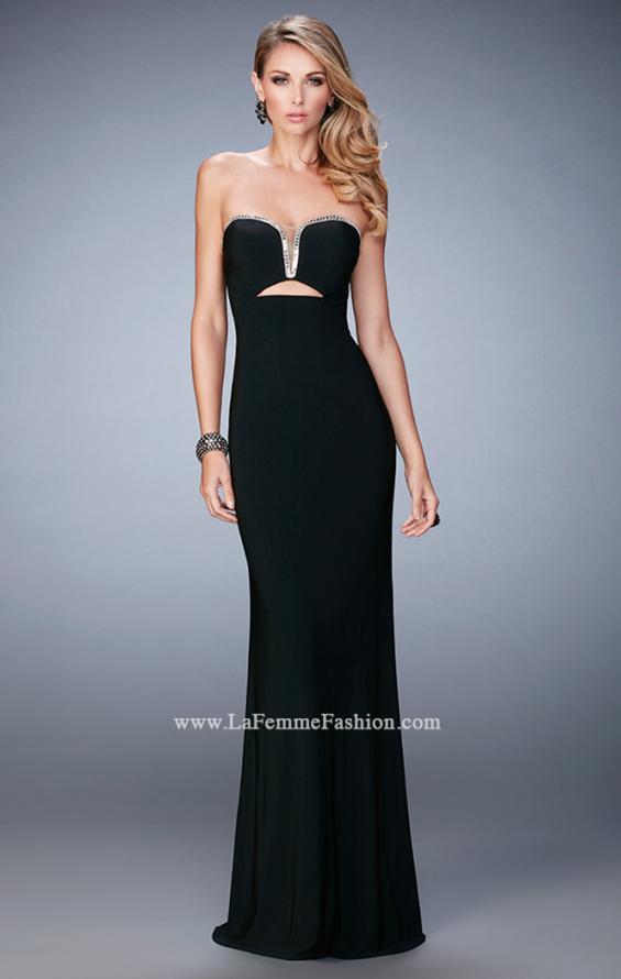 Picture of: Rhinestone Trim Prom Dress with Cut Outs and a Train in Black, Style: 21973, Detail Picture 1