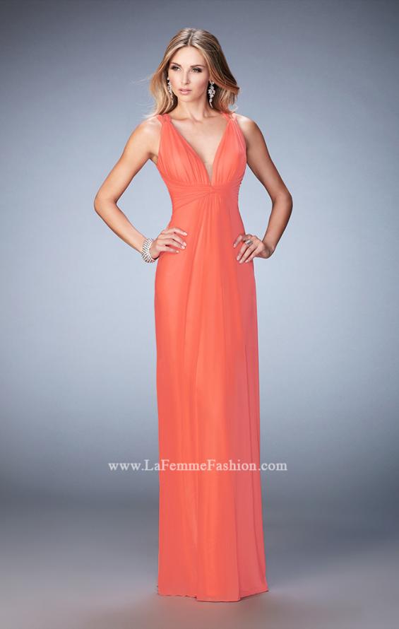 Picture of: Sultry Net Gown with Strappy Back and Soft Gathering in Orange, Style: 21976, Detail Picture 1