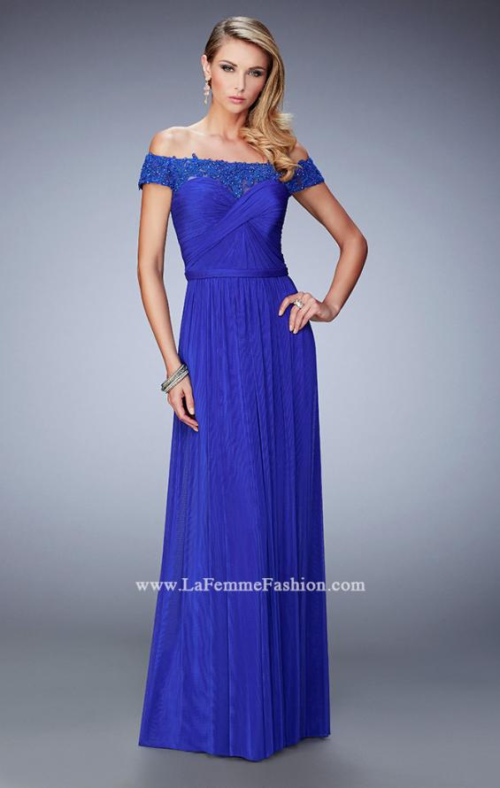 Picture of: Off the Shoulder Net Gown with Gathered Skirt and Bodice in Blue, Style: 21979, Main Picture