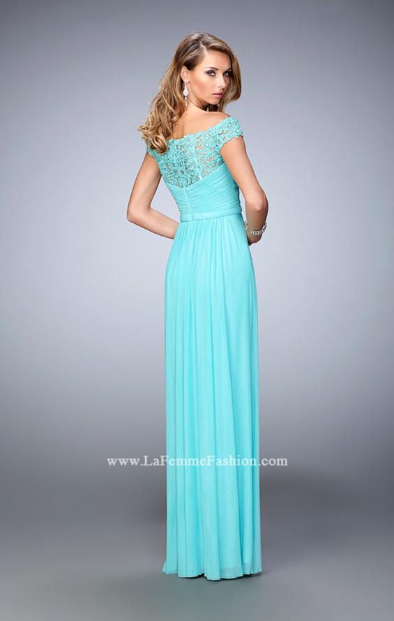 Picture of: Off the Shoulder Net Gown with Gathered Skirt and Bodice in Blue, Style: 21979, Back Picture