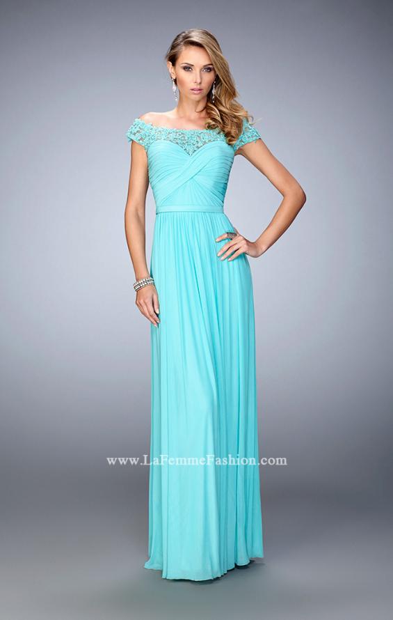 Picture of: Off the Shoulder Net Gown with Gathered Skirt and Bodice in Blue, Style: 21979, Detail Picture 1