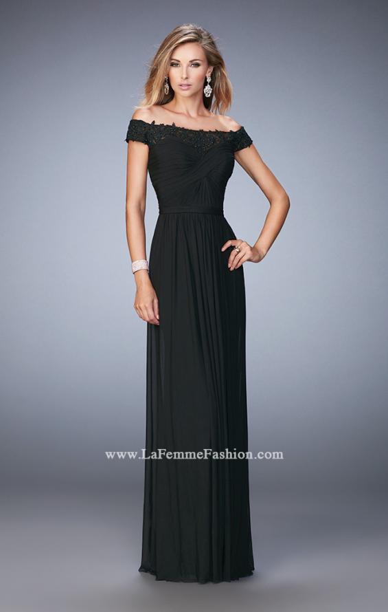 Picture of: Off the Shoulder Net Gown with Gathered Skirt and Bodice in Black, Style: 21979, Detail Picture 2
