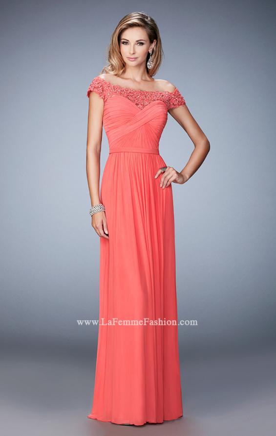 Picture of: Off the Shoulder Net Gown with Gathered Skirt and Bodice in Orange, Style: 21979, Detail Picture 3