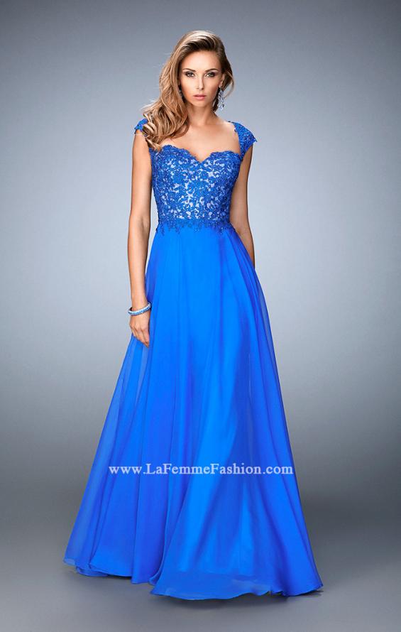 Picture of: Long Chiffon prom Gown with Sheer Back and Rhinestones in Blue, Style: 22053, Main Picture