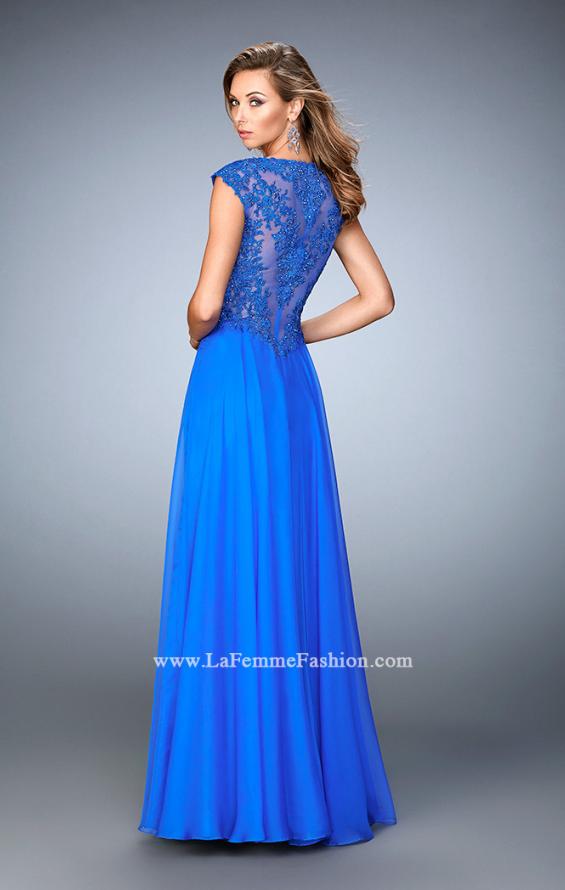 Picture of: Long Chiffon prom Gown with Sheer Back and Rhinestones in Blue, Style: 22053, Back Picture