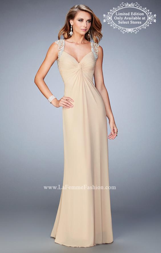 Picture of: Prom Gown with Gathered Bodice and Beaded Lace Detail in Nude, Style: 22055, Main Picture
