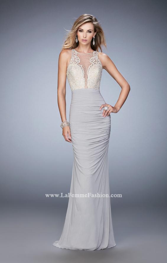 Picture of: Ruched Skirt and Sheer Neck Prom Gown with Rhinestones in Silver, Style: 22073, Detail Picture 1