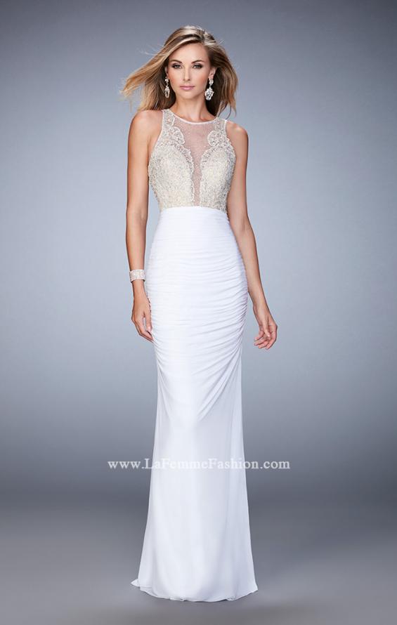 Picture of: Ruched Skirt and Sheer Neck Prom Gown with Rhinestones in White, Style: 22073, Detail Picture 2