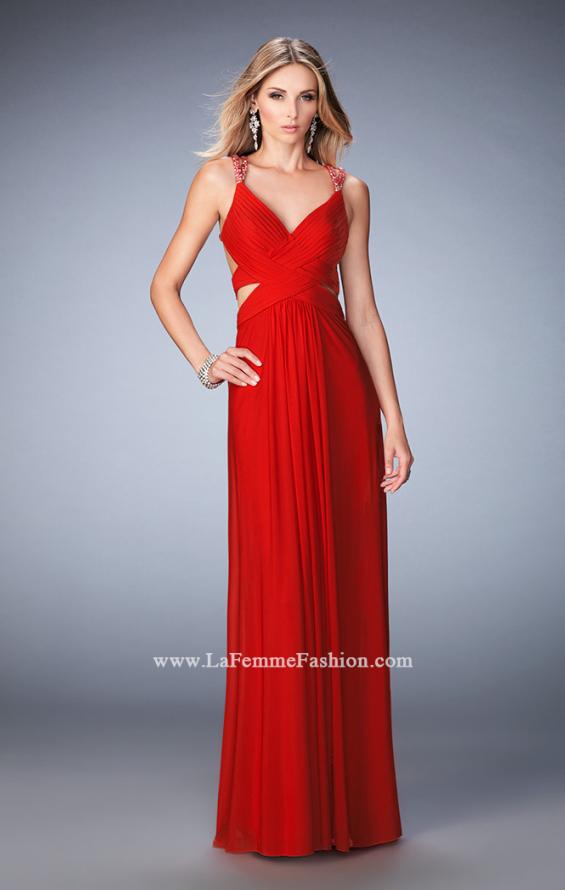 Picture of: Net Prom Gown with Cut Outs and Crystal Strappy Back in Red, Style: 22089, Back Picture