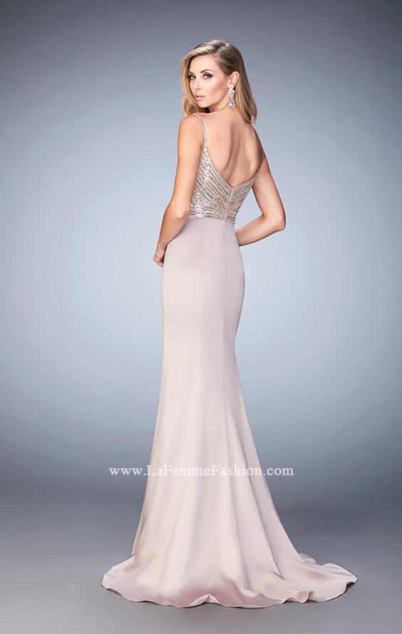 Picture of: Stretch Satin Gown with Train and Crystal Embellishments in Nude, Style: 22131, Back Picture