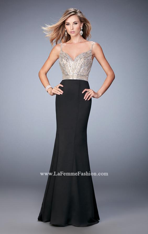 Picture of: Stretch Satin Gown with Train and Crystal Embellishments in Black, Style: 22131, Detail Picture 2