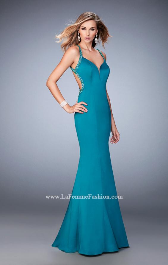Picture of: Satin Mermaid Prom Dress with Crystals and Strappy Back in Blue, Style: 22135, Detail Picture 1
