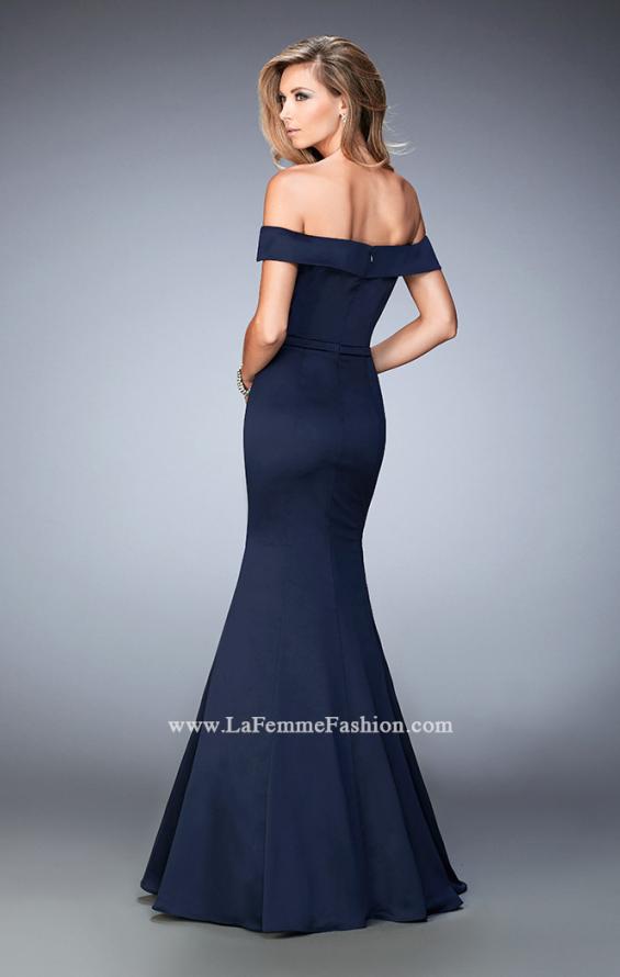 Picture of: Stretch Satin Jersey Dress with Off the Shoulder Straps in Blue, Style: 22149, Back Picture