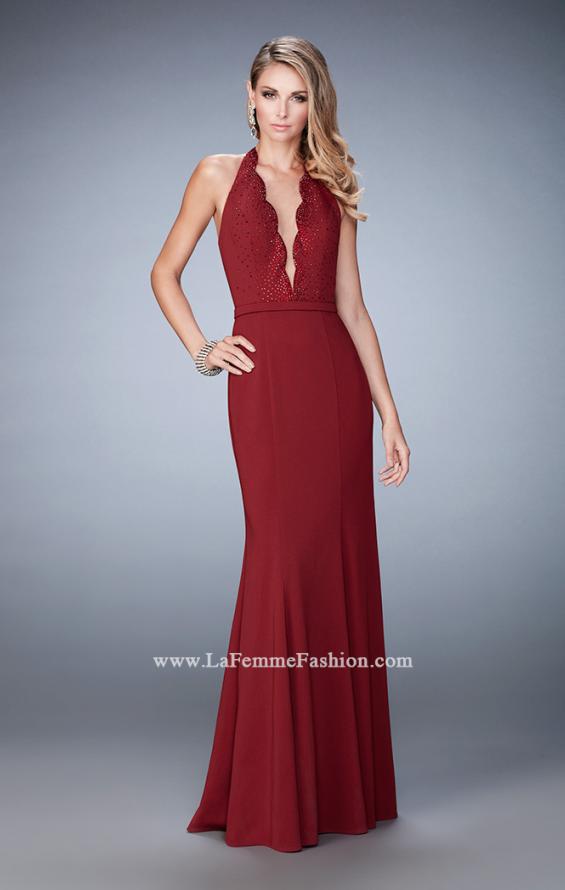 Picture of: Fit and Flare Prom Dress with Scalloped Halter Neckline in Red, Style: 22175, Detail Picture 1