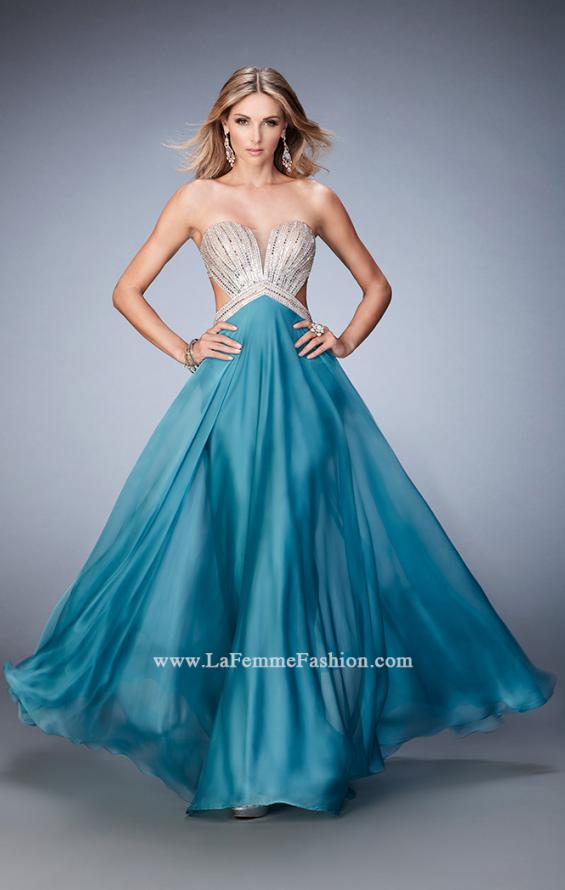 Picture of: Sweetheart Chiffon Gown with Cut Outs and Crystals in Blue, Style: 22179, Detail Picture 1
