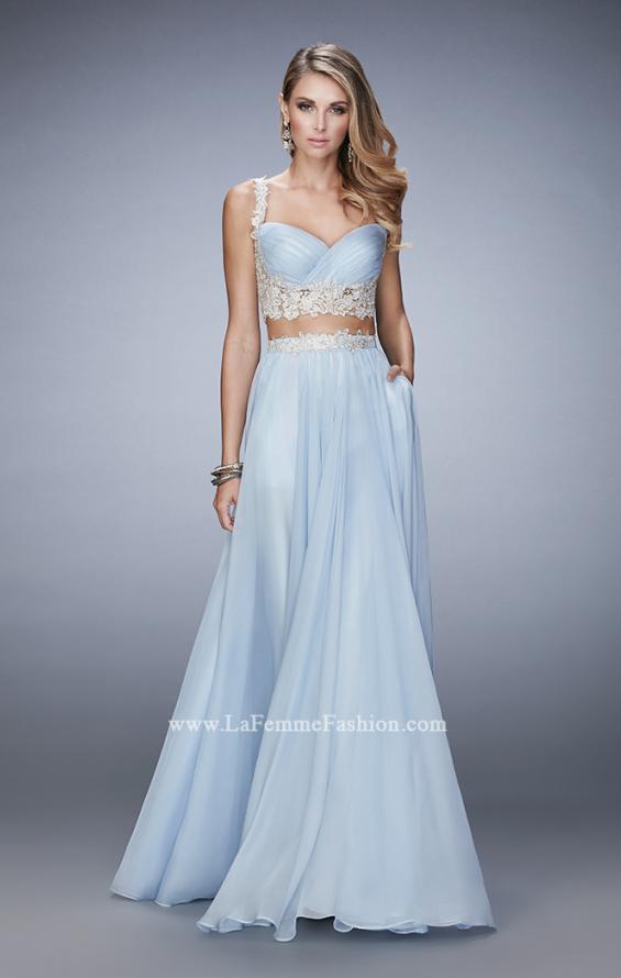 Picture of: Two Piece Chiffon Gown with Rhinestone Lace Detail in Blue, Style: 22234, Detail Picture 2